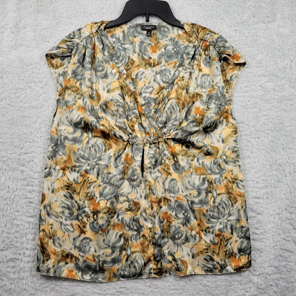 Talbots Womens 10 Top Floral Print Short Cap Sleeve V Neck Blouse